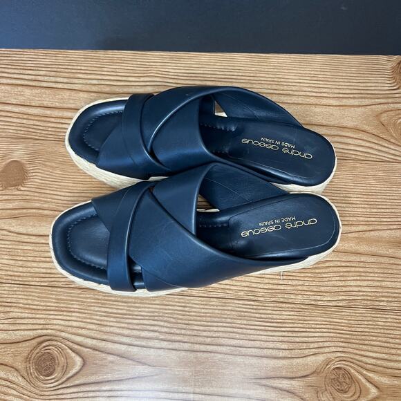 Andre Assous Dark Blue Leather Espadrille Platform Slip On Wedge Sandals 39 EU - Picture 5 of 12